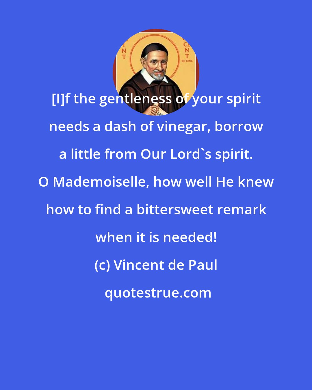 Vincent de Paul: [I]f the gentleness of your spirit needs a dash of vinegar, borrow a little from Our Lord's spirit. O Mademoiselle, how well He knew how to find a bittersweet remark when it is needed!