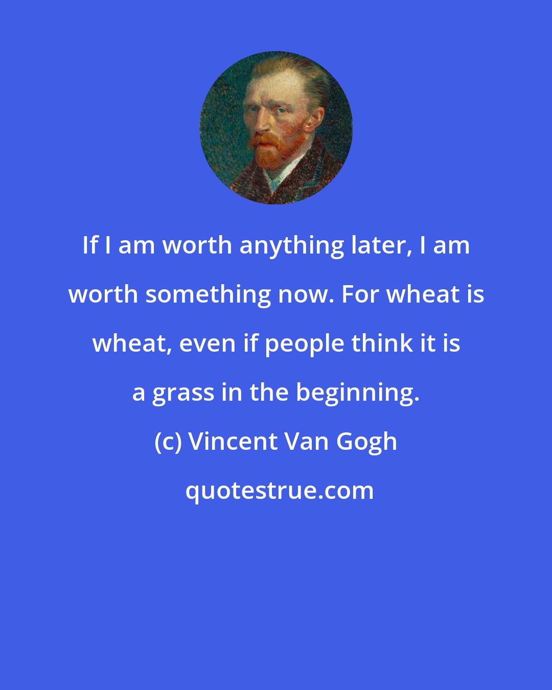 Vincent Van Gogh: If I am worth anything later, I am worth something now. For wheat is wheat, even if people think it is a grass in the beginning.