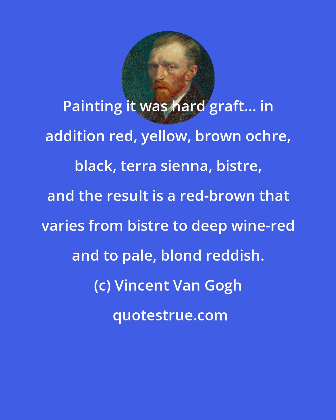 Vincent Van Gogh: Painting it was hard graft... in addition red, yellow, brown ochre, black, terra sienna, bistre, and the result is a red-brown that varies from bistre to deep wine-red and to pale, blond reddish.