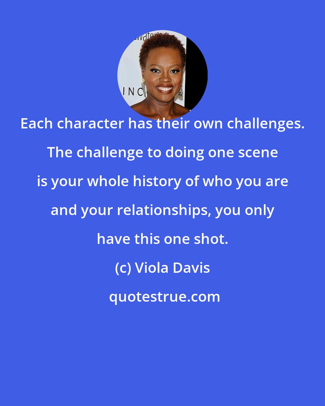 Viola Davis: Each character has their own challenges. The challenge to doing one scene is your whole history of who you are and your relationships, you only have this one shot.