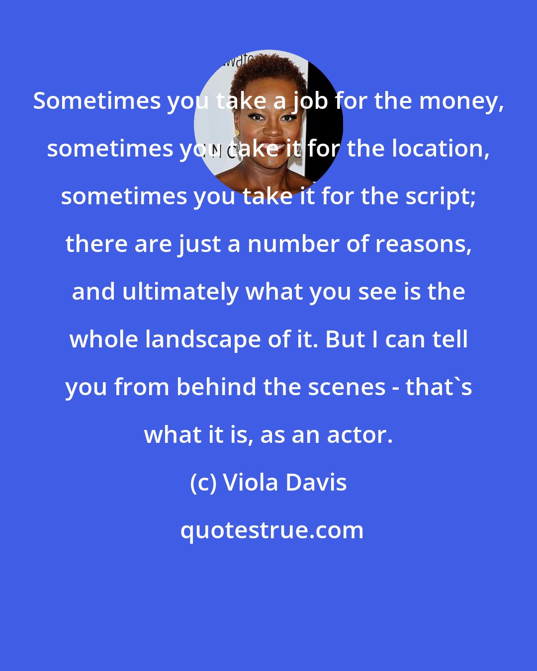 Viola Davis: Sometimes you take a job for the money, sometimes you take it for the location, sometimes you take it for the script; there are just a number of reasons, and ultimately what you see is the whole landscape of it. But I can tell you from behind the scenes - that's what it is, as an actor.