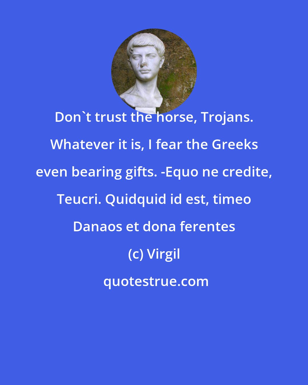 Virgil: Don't trust the horse, Trojans. Whatever it is, I fear the Greeks even bearing gifts. -Equo ne credite, Teucri. Quidquid id est, timeo Danaos et dona ferentes