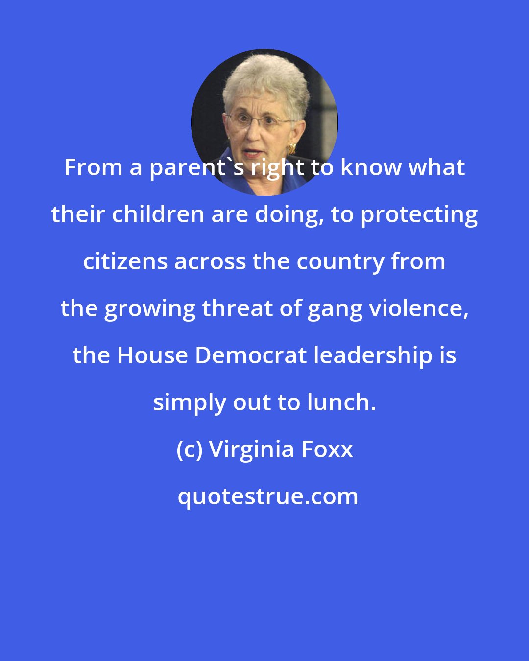 Virginia Foxx: From a parent's right to know what their children are doing, to protecting citizens across the country from the growing threat of gang violence, the House Democrat leadership is simply out to lunch.