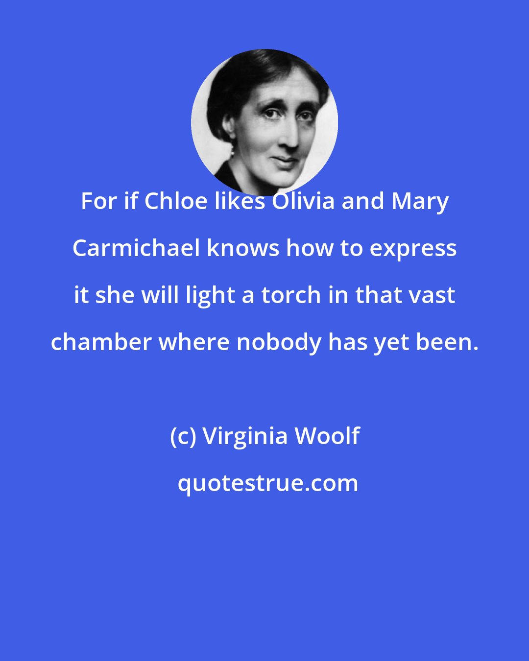 Virginia Woolf: For if Chloe likes Olivia and Mary Carmichael knows how to express it she will light a torch in that vast chamber where nobody has yet been.