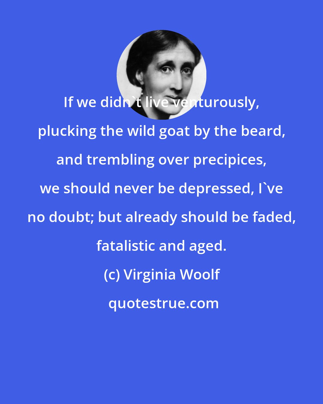 Virginia Woolf: If we didn't live venturously, plucking the wild goat by the beard, and trembling over precipices, we should never be depressed, I've no doubt; but already should be faded, fatalistic and aged.