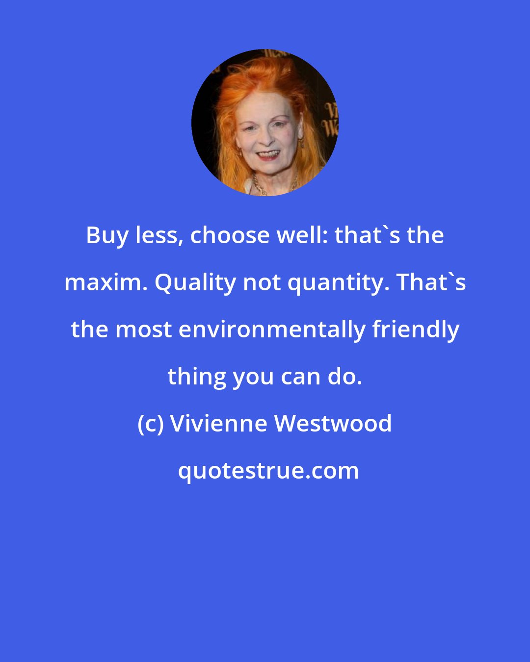 Vivienne Westwood: Buy less, choose well: that's the maxim. Quality not quantity. That's the most environmentally friendly thing you can do.