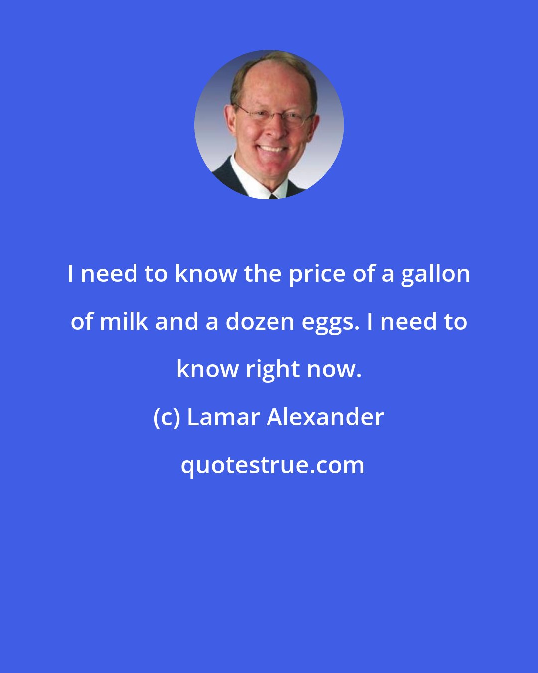 Lamar Alexander: I need to know the price of a gallon of milk and a dozen eggs. I need to know right now.