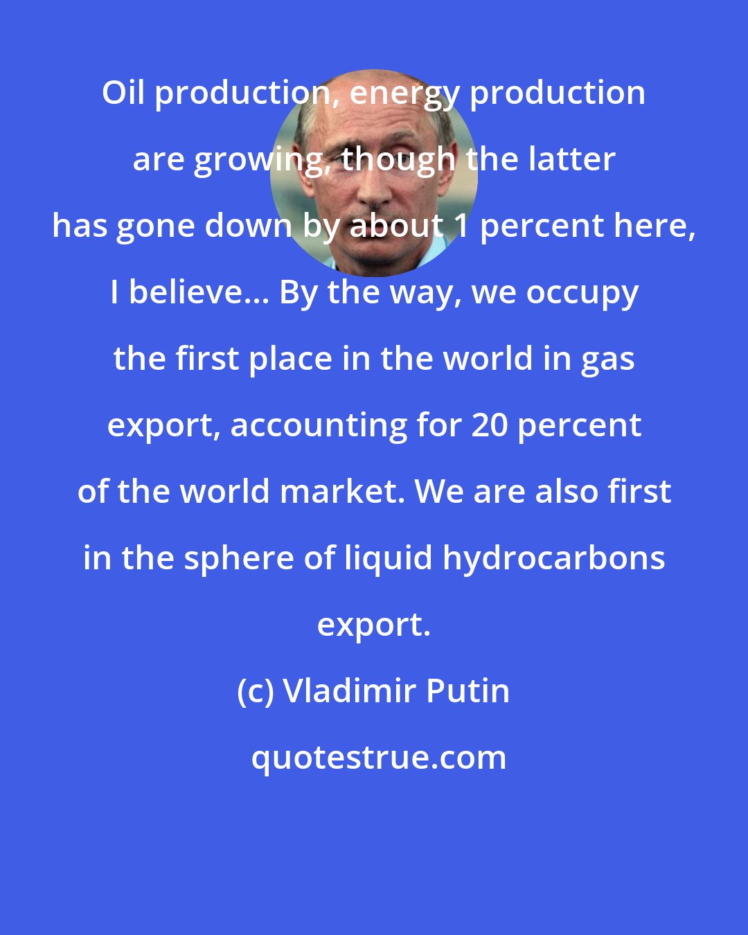 Vladimir Putin: Oil production, energy production are growing, though the latter has gone down by about 1 percent here, I believe... By the way, we occupy the first place in the world in gas export, accounting for 20 percent of the world market. We are also first in the sphere of liquid hydrocarbons export.