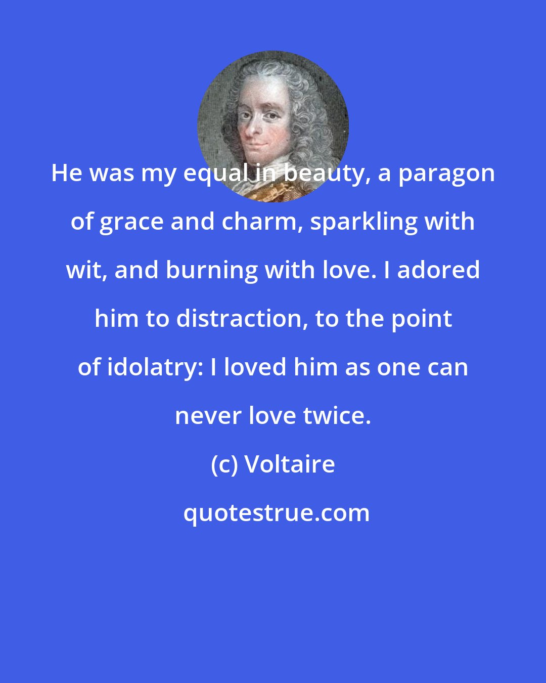 Voltaire: He was my equal in beauty, a paragon of grace and charm, sparkling with wit, and burning with love. I adored him to distraction, to the point of idolatry: I loved him as one can never love twice.