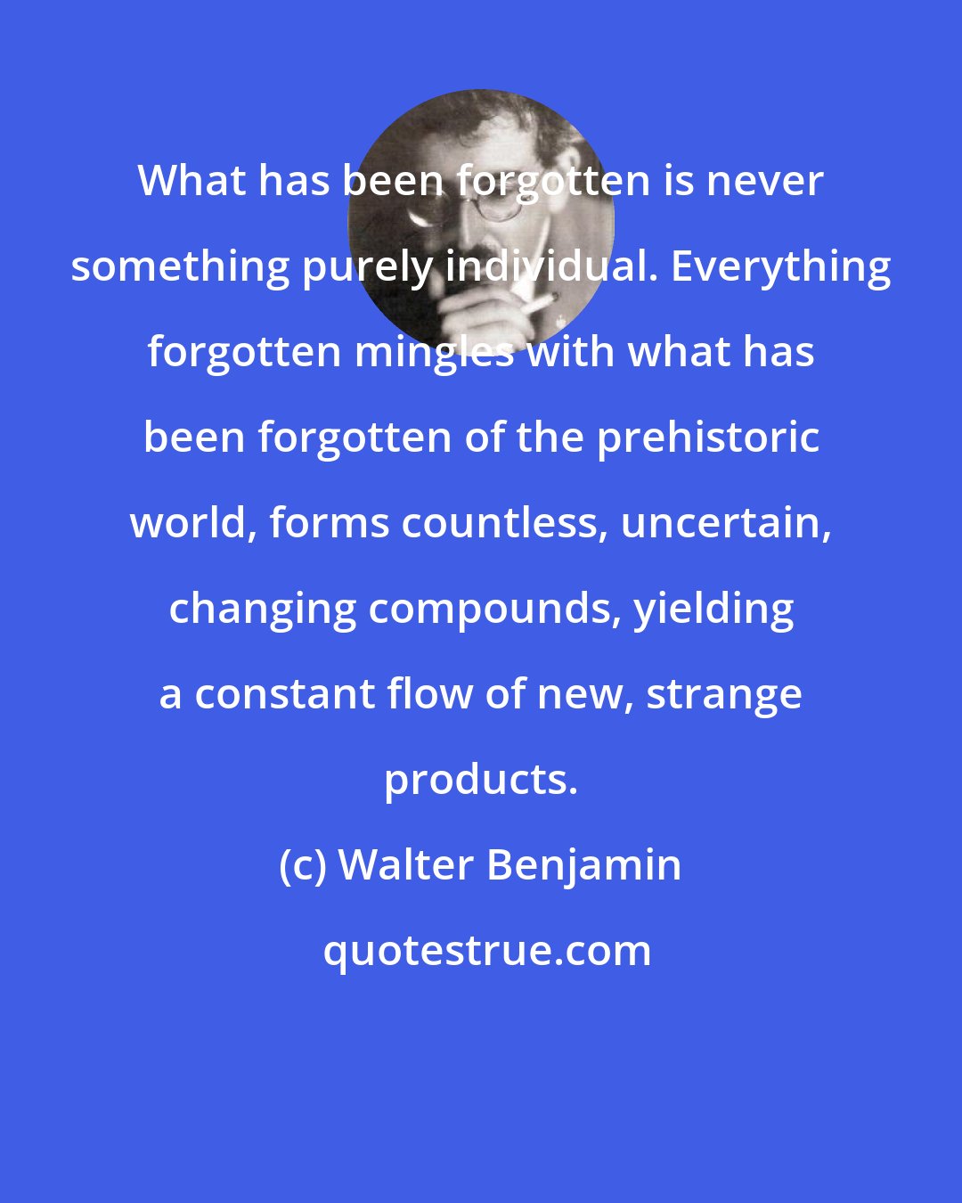 Walter Benjamin: What has been forgotten is never something purely individual. Everything forgotten mingles with what has been forgotten of the prehistoric world, forms countless, uncertain, changing compounds, yielding a constant flow of new, strange products.