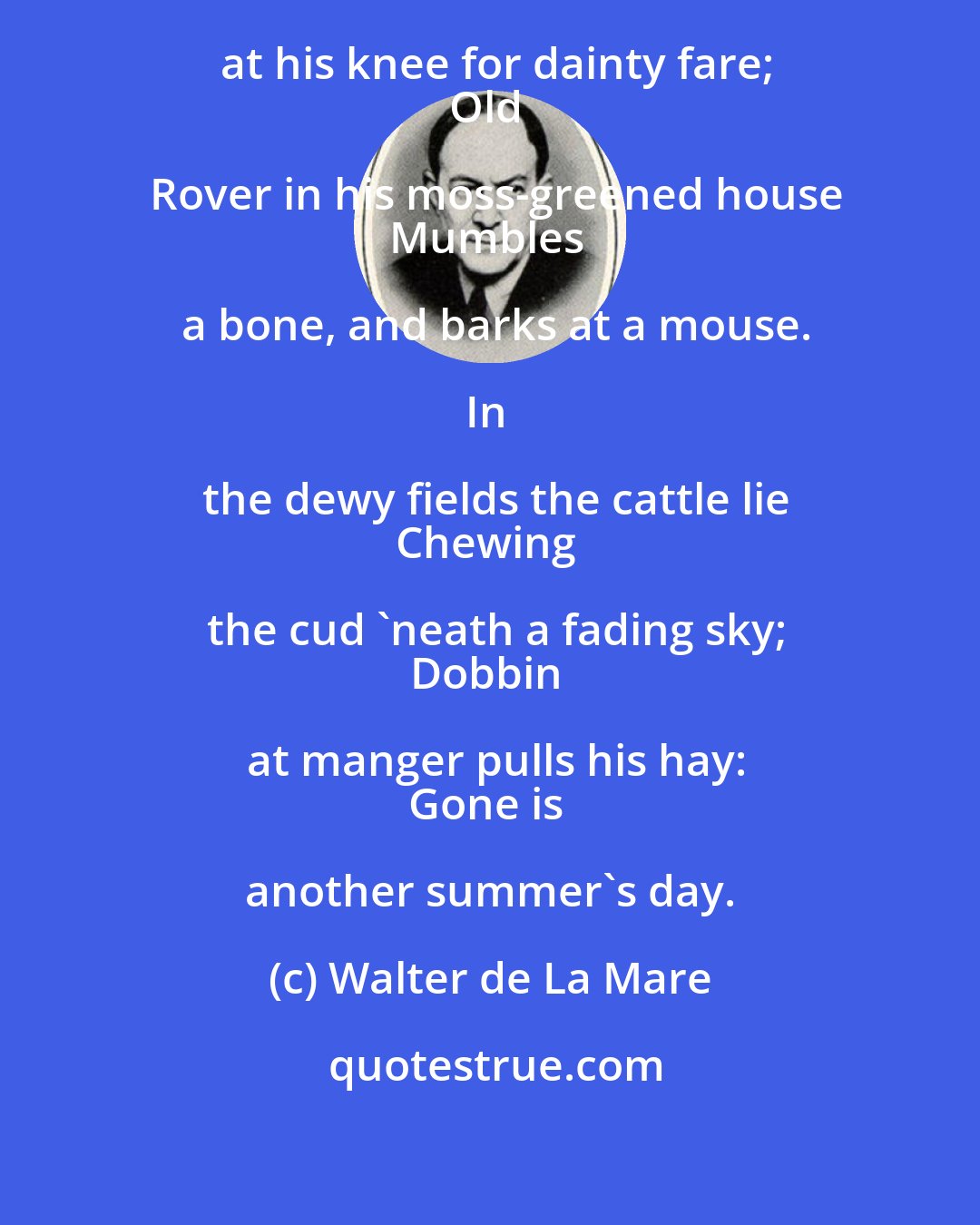Walter de La Mare: The sandy cat by the Farmer's chair
Mews at his knee for dainty fare;
Old Rover in his moss-greened house
Mumbles a bone, and barks at a mouse.

In the dewy fields the cattle lie
Chewing the cud 'neath a fading sky;
Dobbin at manger pulls his hay:
Gone is another summer's day.