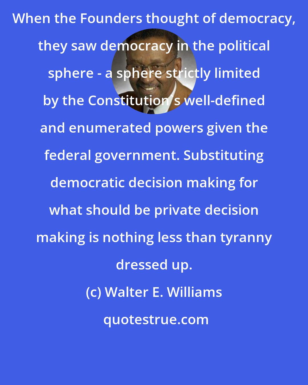 Walter E. Williams: When the Founders thought of democracy, they saw democracy in the political sphere - a sphere strictly limited by the Constitution's well-defined and enumerated powers given the federal government. Substituting democratic decision making for what should be private decision making is nothing less than tyranny dressed up.
