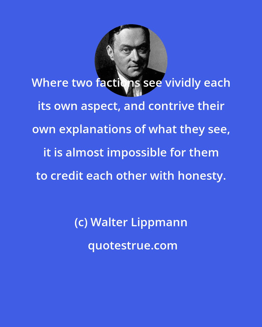 Walter Lippmann: Where two factions see vividly each its own aspect, and contrive their own explanations of what they see, it is almost impossible for them to credit each other with honesty.