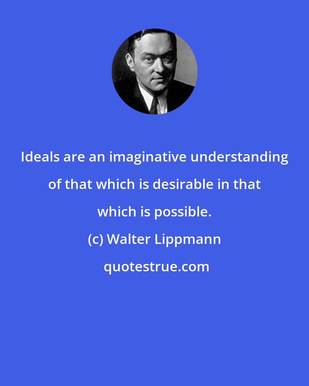 Walter Lippmann: Ideals are an imaginative understanding of that which is desirable in that which is possible.