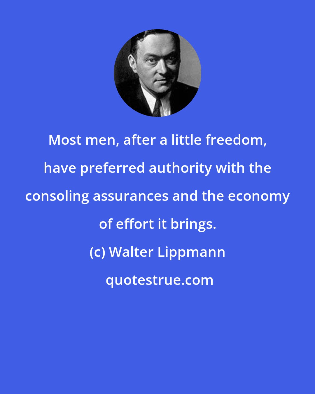 Walter Lippmann: Most men, after a little freedom, have preferred authority with the consoling assurances and the economy of effort it brings.