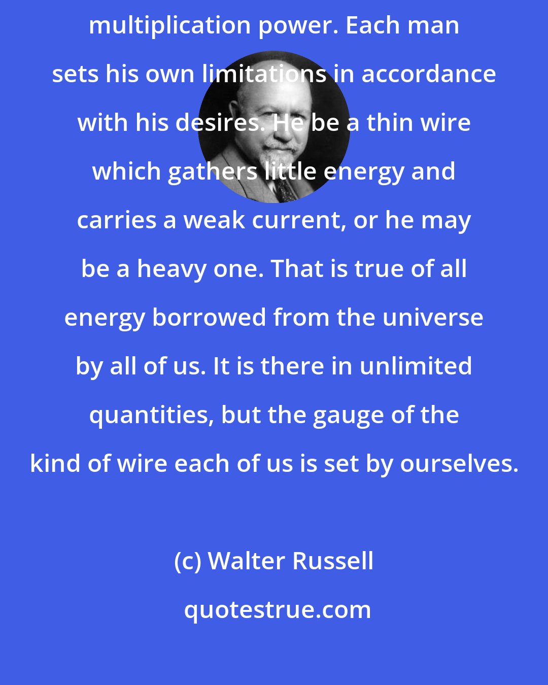 Walter Russell: There are no limitations set by this electric universe upon any man's multiplication power. Each man sets his own limitations in accordance with his desires. He be a thin wire which gathers little energy and carries a weak current, or he may be a heavy one. That is true of all energy borrowed from the universe by all of us. It is there in unlimited quantities, but the gauge of the kind of wire each of us is set by ourselves.