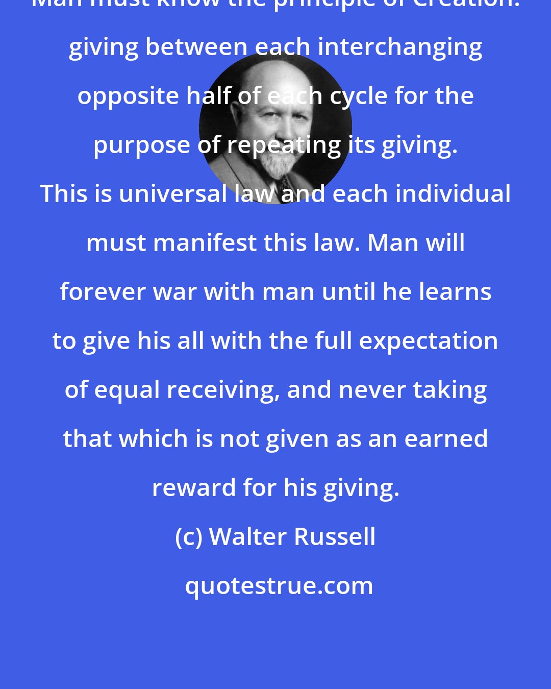 Walter Russell: Man must know the principle of Creation: giving between each interchanging opposite half of each cycle for the purpose of repeating its giving. This is universal law and each individual must manifest this law. Man will forever war with man until he learns to give his all with the full expectation of equal receiving, and never taking that which is not given as an earned reward for his giving.