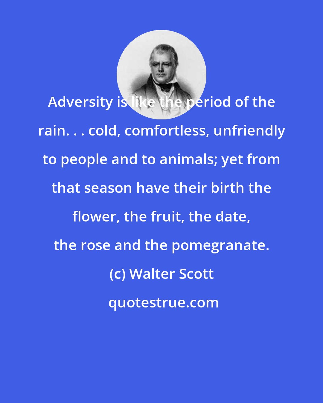 Walter Scott: Adversity is like the period of the rain. . . cold, comfortless, unfriendly to people and to animals; yet from that season have their birth the flower, the fruit, the date, the rose and the pomegranate.