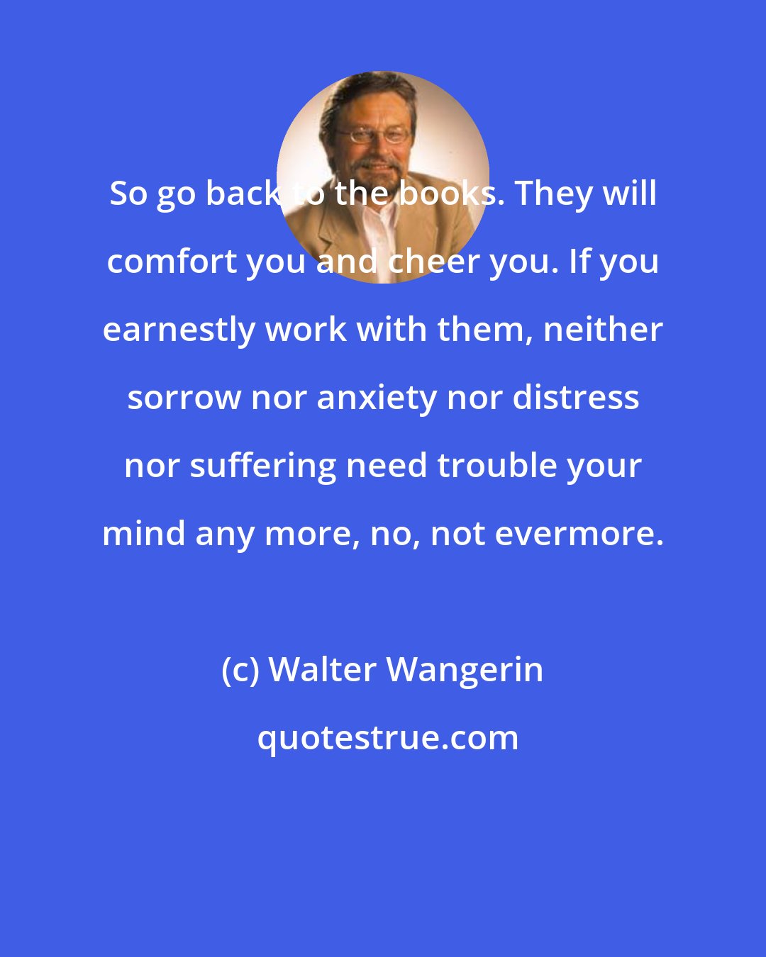 Walter Wangerin: So go back to the books. They will comfort you and cheer you. If you earnestly work with them, neither sorrow nor anxiety nor distress nor suffering need trouble your mind any more, no, not evermore.