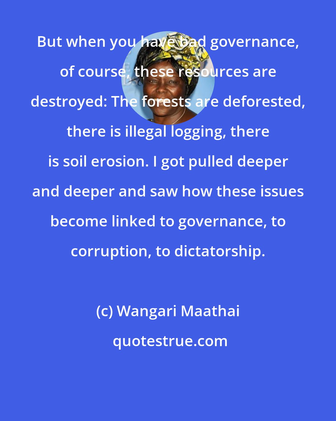 Wangari Maathai: But when you have bad governance, of course, these resources are destroyed: The forests are deforested, there is illegal logging, there is soil erosion. I got pulled deeper and deeper and saw how these issues become linked to governance, to corruption, to dictatorship.