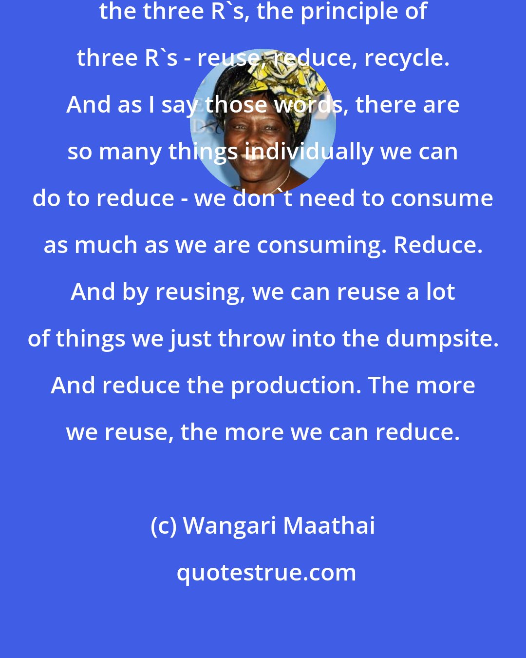 Wangari Maathai: I learned in America a long time ago, the three R's, the principle of three R's - reuse, reduce, recycle. And as I say those words, there are so many things individually we can do to reduce - we don't need to consume as much as we are consuming. Reduce. And by reusing, we can reuse a lot of things we just throw into the dumpsite. And reduce the production. The more we reuse, the more we can reduce.