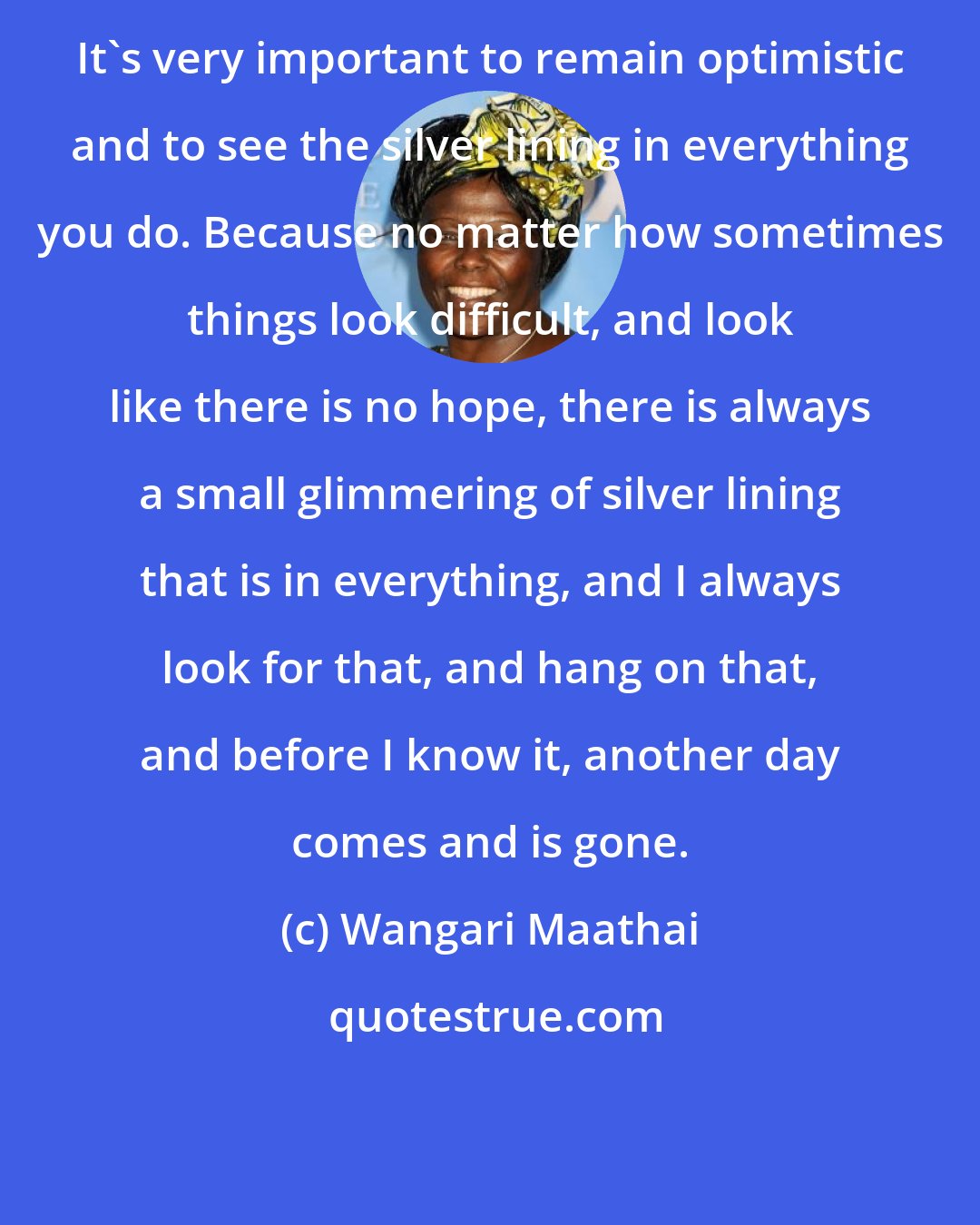 Wangari Maathai: It's very important to remain optimistic and to see the silver lining in everything you do. Because no matter how sometimes things look difficult, and look like there is no hope, there is always a small glimmering of silver lining that is in everything, and I always look for that, and hang on that, and before I know it, another day comes and is gone.