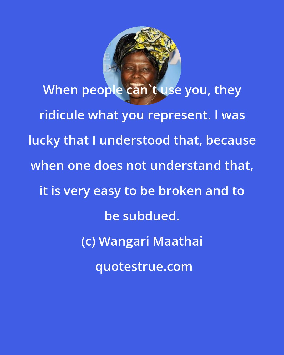 Wangari Maathai: When people can't use you, they ridicule what you represent. I was lucky that I understood that, because when one does not understand that, it is very easy to be broken and to be subdued.