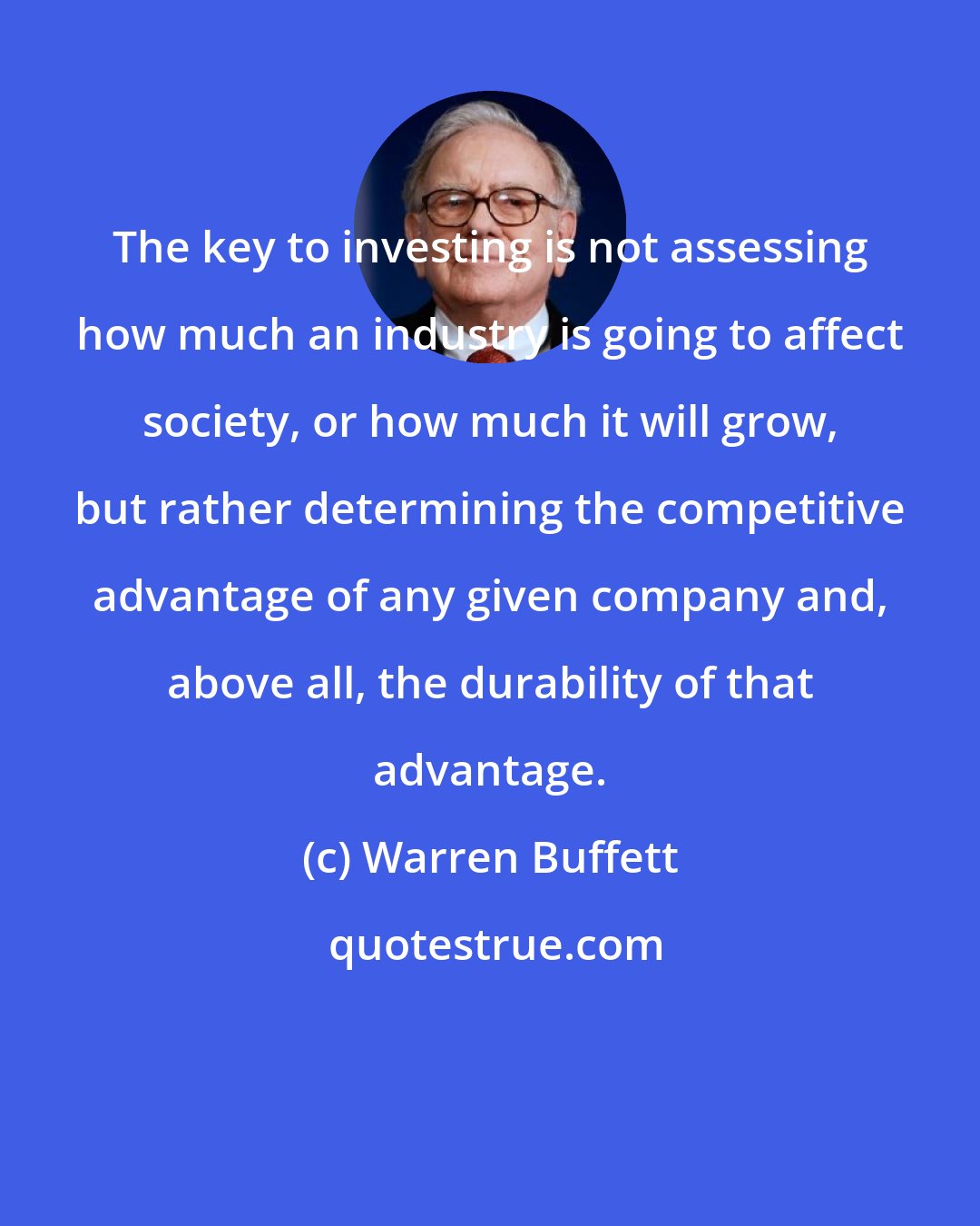 Warren Buffett: The key to investing is not assessing how much an industry is going to affect society, or how much it will grow, but rather determining the competitive advantage of any given company and, above all, the durability of that advantage.