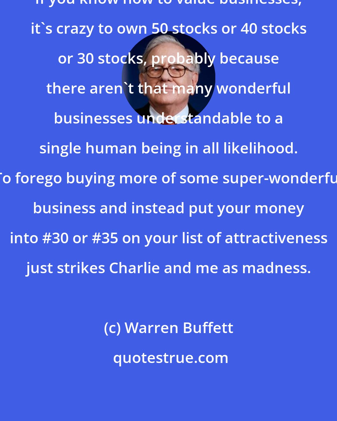 Warren Buffett: If you know how to value businesses, it's crazy to own 50 stocks or 40 stocks or 30 stocks, probably because there aren't that many wonderful businesses understandable to a single human being in all likelihood. To forego buying more of some super-wonderful business and instead put your money into #30 or #35 on your list of attractiveness just strikes Charlie and me as madness.