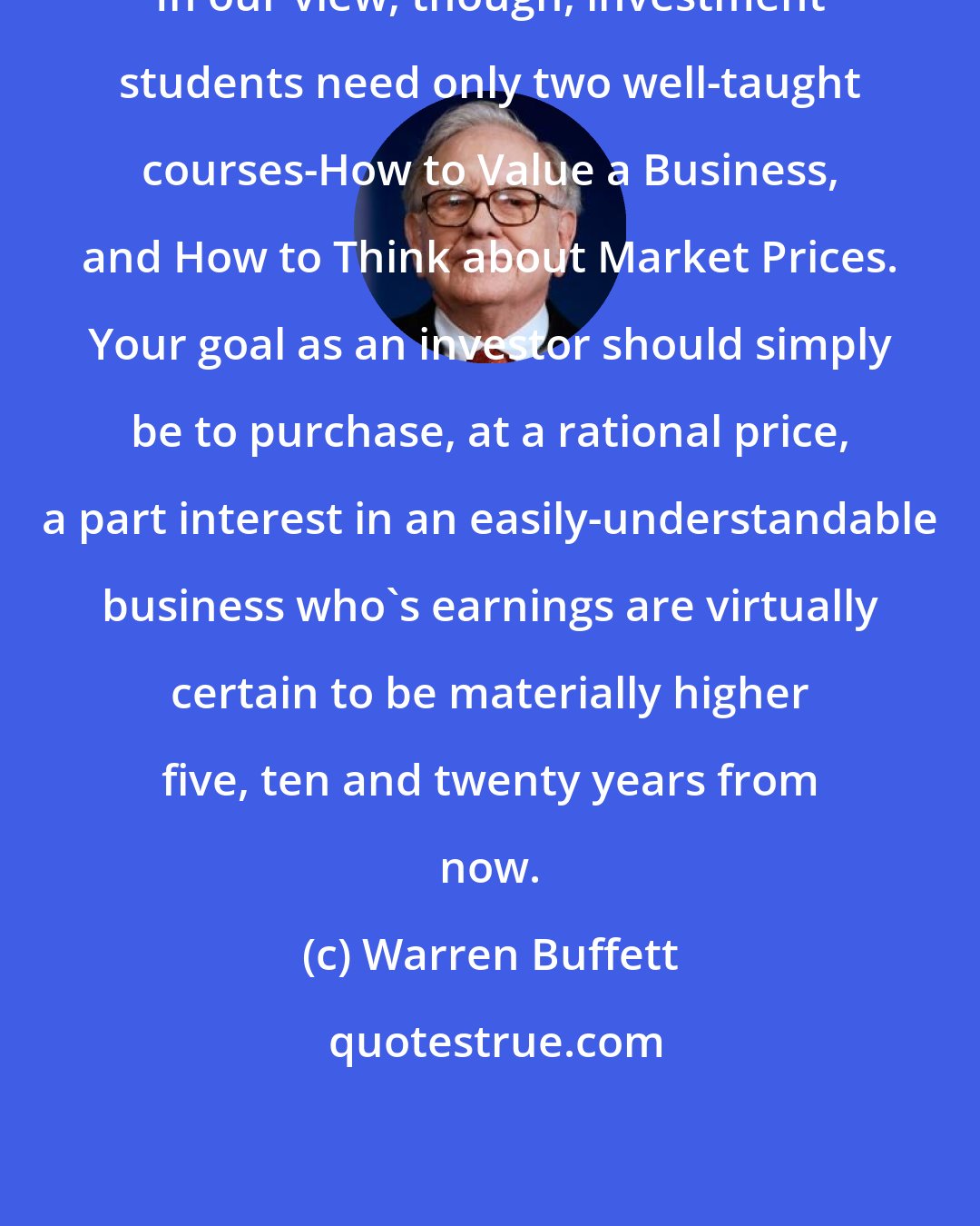 Warren Buffett: In our view, though, investment students need only two well-taught courses-How to Value a Business, and How to Think about Market Prices. Your goal as an investor should simply be to purchase, at a rational price, a part interest in an easily-understandable business who's earnings are virtually certain to be materially higher five, ten and twenty years from now.