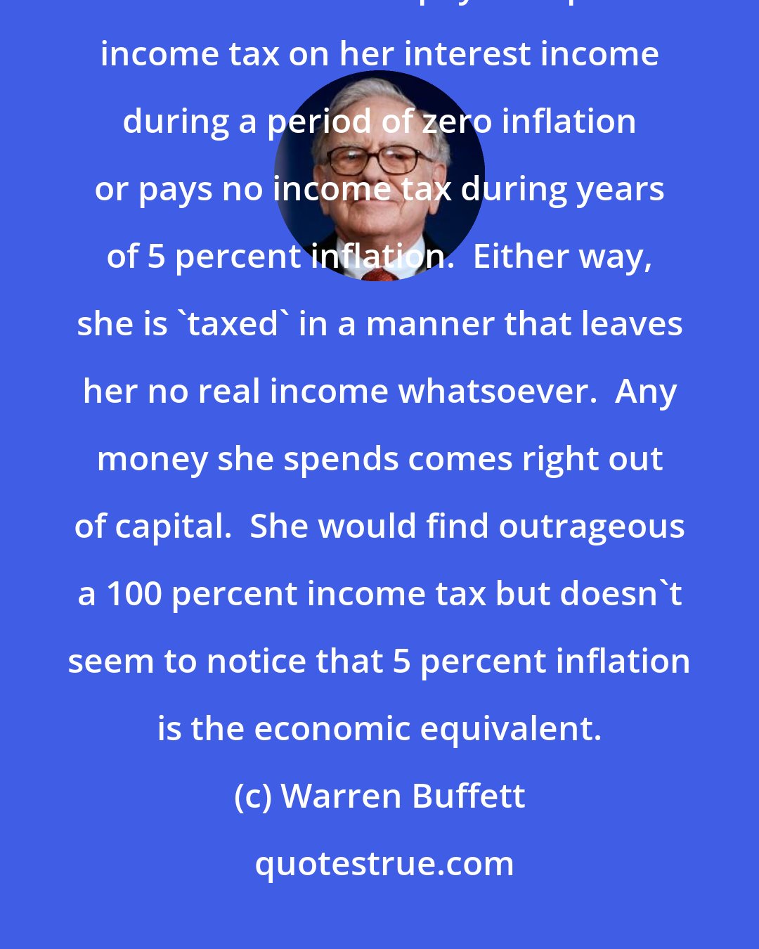 Warren Buffett: It makes no difference to a widow with her savings in a 5 percent passbook account whether she pays 100 percent income tax on her interest income during a period of zero inflation or pays no income tax during years of 5 percent inflation.  Either way, she is 'taxed' in a manner that leaves her no real income whatsoever.  Any money she spends comes right out of capital.  She would find outrageous a 100 percent income tax but doesn't seem to notice that 5 percent inflation is the economic equivalent.