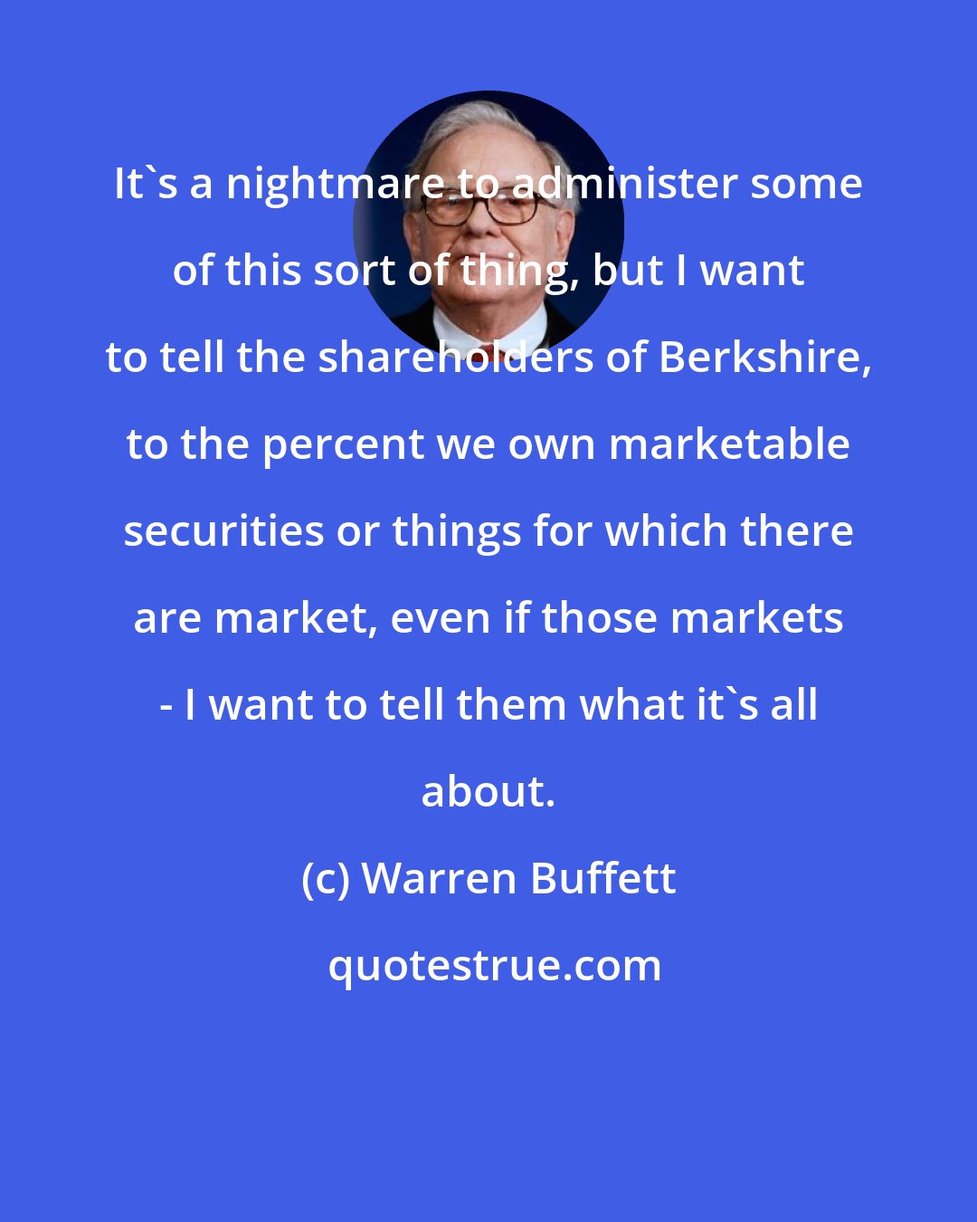 Warren Buffett: It's a nightmare to administer some of this sort of thing, but I want to tell the shareholders of Berkshire, to the percent we own marketable securities or things for which there are market, even if those markets - I want to tell them what it's all about.