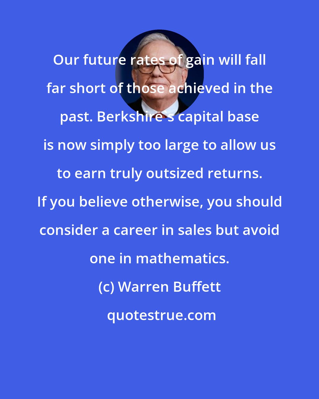 Warren Buffett: Our future rates of gain will fall far short of those achieved in the past. Berkshire's capital base is now simply too large to allow us to earn truly outsized returns. If you believe otherwise, you should consider a career in sales but avoid one in mathematics.