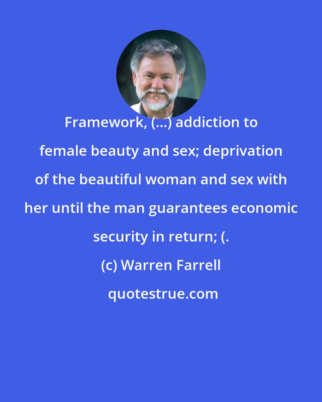 Warren Farrell: Framework, (...) addiction to female beauty and sex; deprivation of the beautiful woman and sex with her until the man guarantees economic security in return; (.