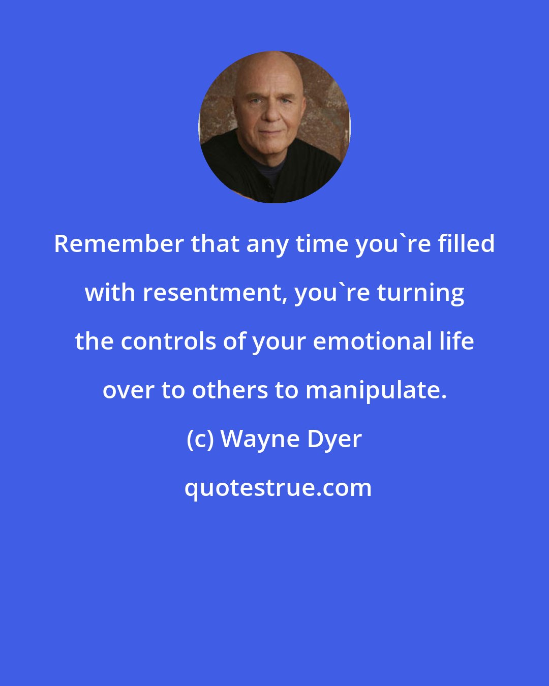 Wayne Dyer: Remember that any time you're filled with resentment, you're turning the controls of your emotional life over to others to manipulate.