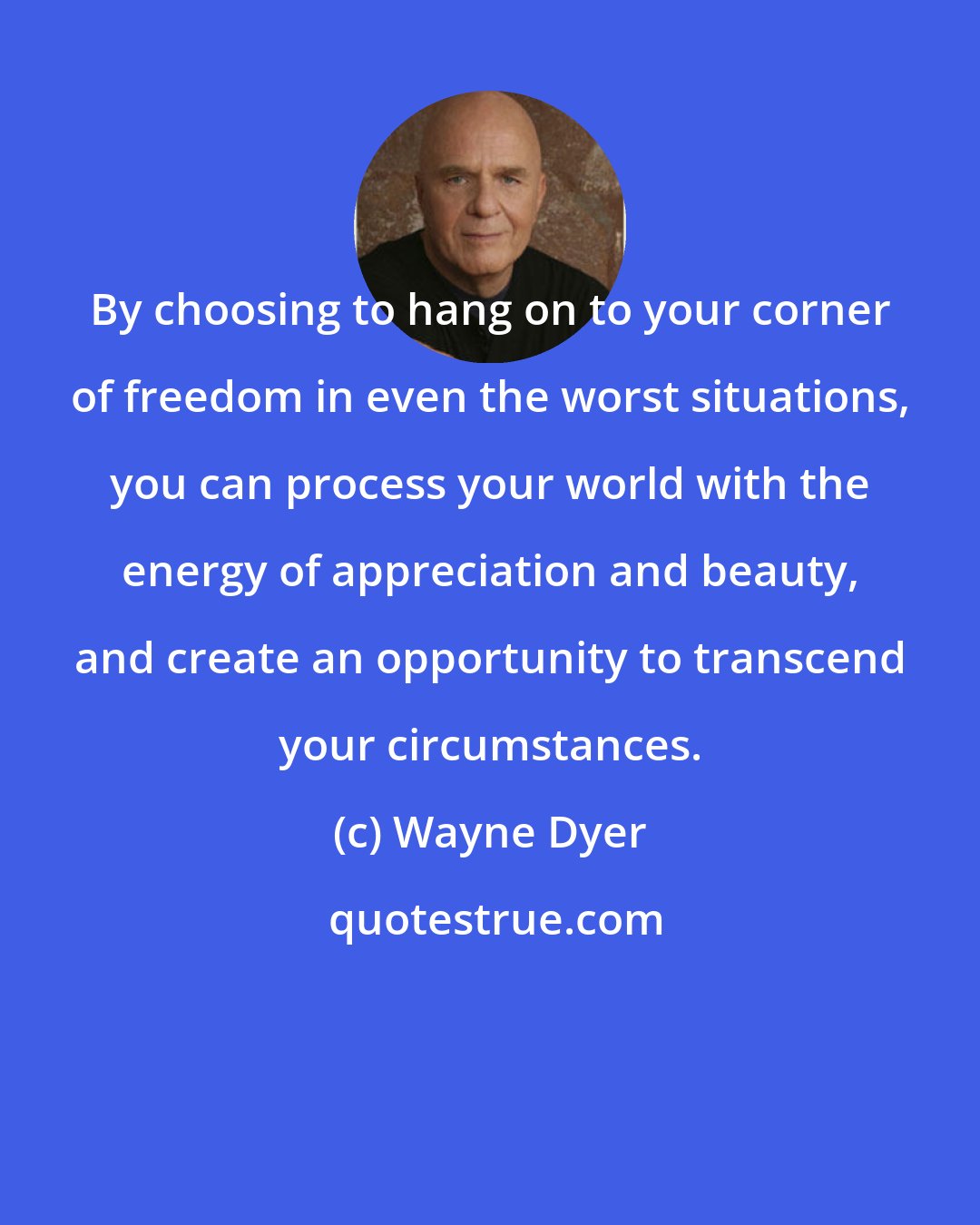 Wayne Dyer: By choosing to hang on to your corner of freedom in even the worst situations, you can process your world with the energy of appreciation and beauty, and create an opportunity to transcend your circumstances.