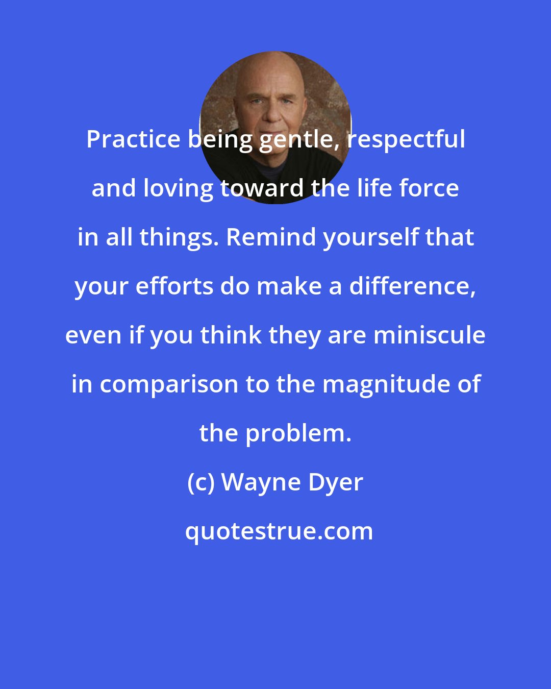 Wayne Dyer: Practice being gentle, respectful and loving toward the life force in all things. Remind yourself that your efforts do make a difference, even if you think they are miniscule in comparison to the magnitude of the problem.