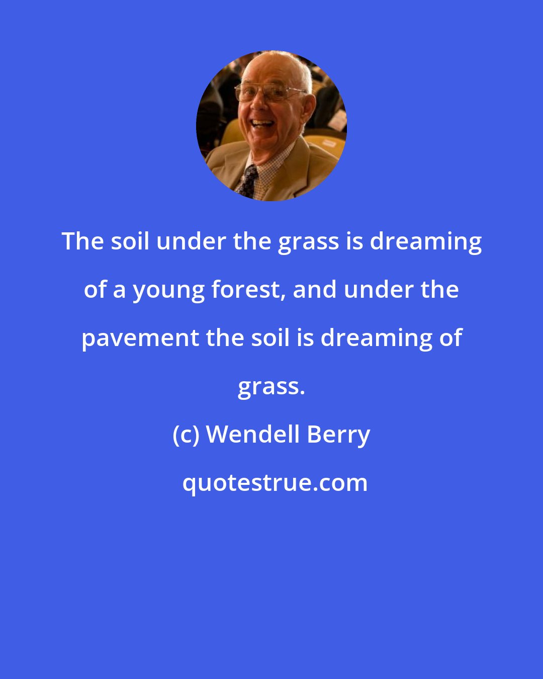 Wendell Berry: The soil under the grass is dreaming of a young forest, and under the pavement the soil is dreaming of grass.