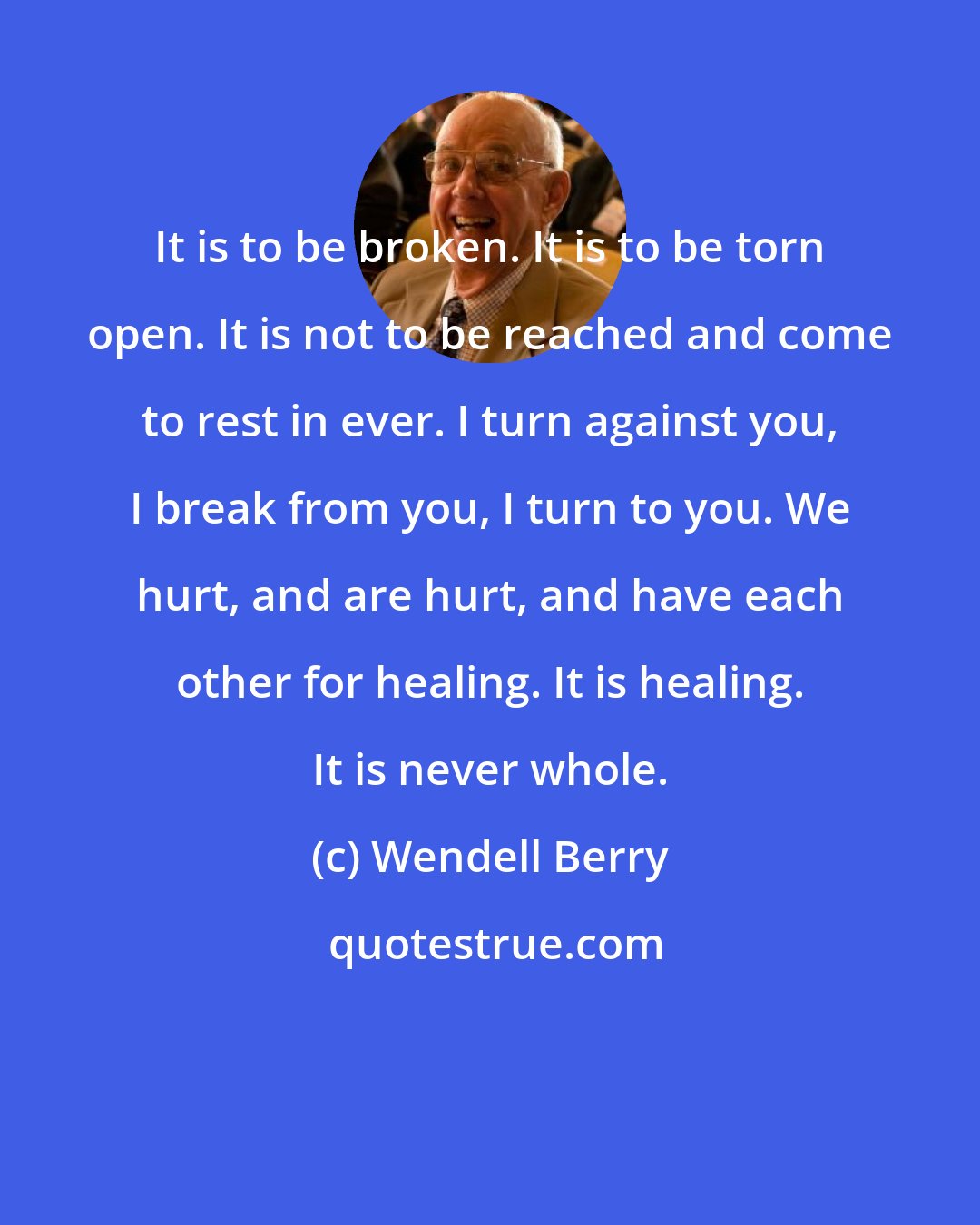 Wendell Berry: It is to be broken. It is to be torn open. It is not to be reached and come to rest in ever. I turn against you, I break from you, I turn to you. We hurt, and are hurt, and have each other for healing. It is healing. It is never whole.