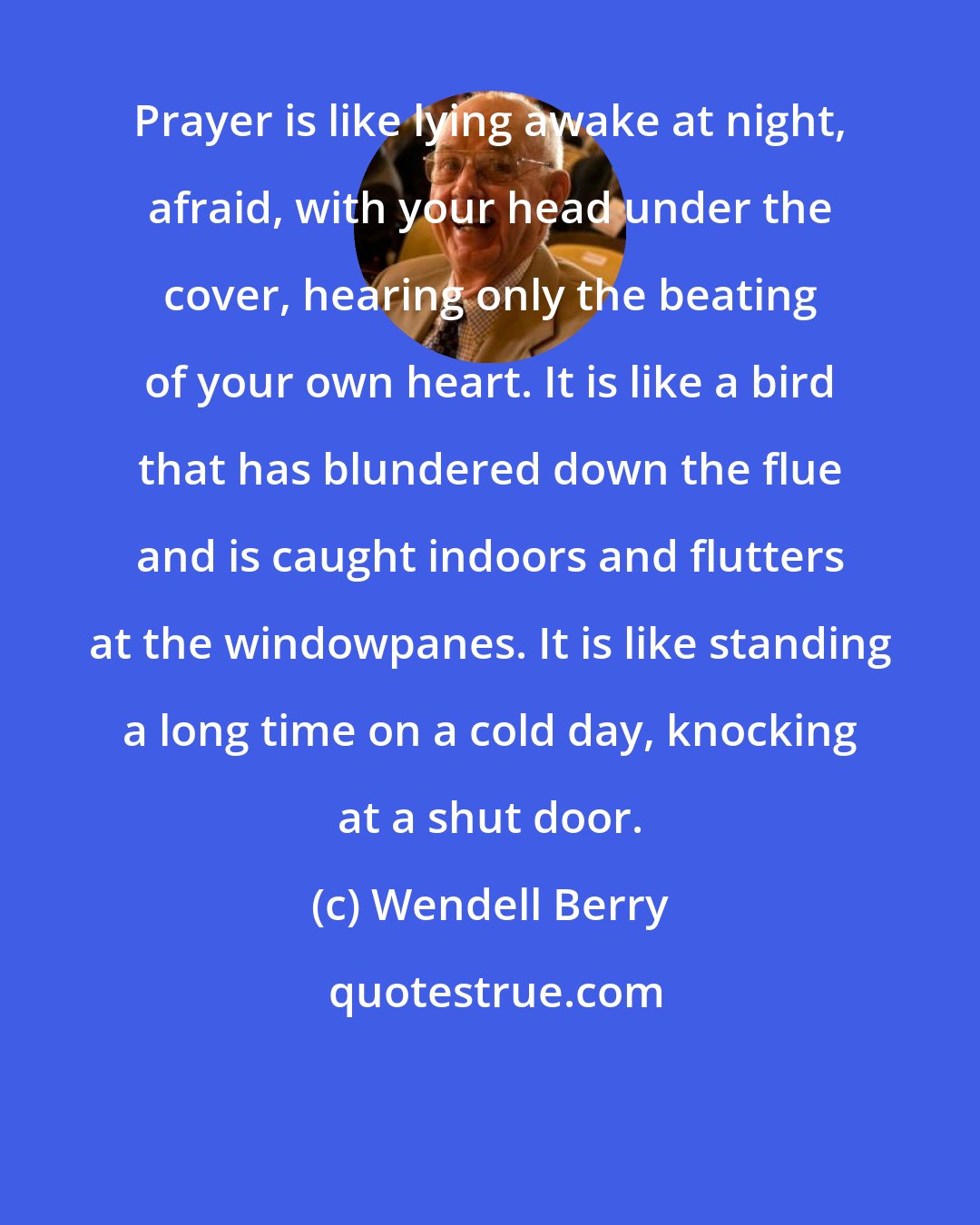 Wendell Berry: Prayer is like lying awake at night, afraid, with your head under the cover, hearing only the beating of your own heart. It is like a bird that has blundered down the flue and is caught indoors and flutters at the windowpanes. It is like standing a long time on a cold day, knocking at a shut door.