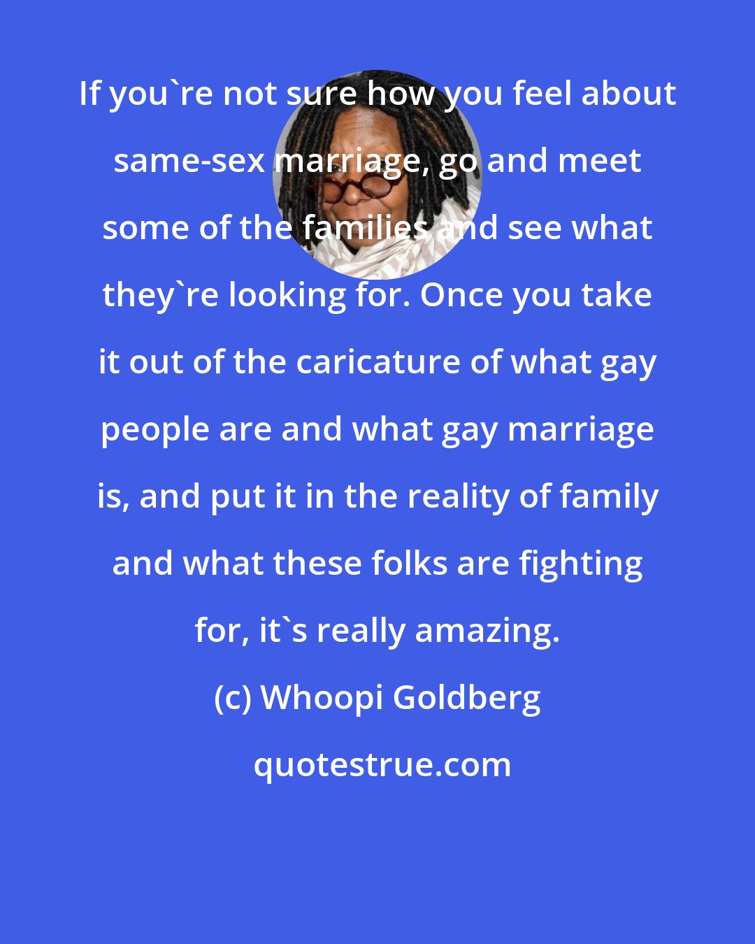 Whoopi Goldberg: If you're not sure how you feel about same-sex marriage, go and meet some of the families and see what they're looking for. Once you take it out of the caricature of what gay people are and what gay marriage is, and put it in the reality of family and what these folks are fighting for, it's really amazing.