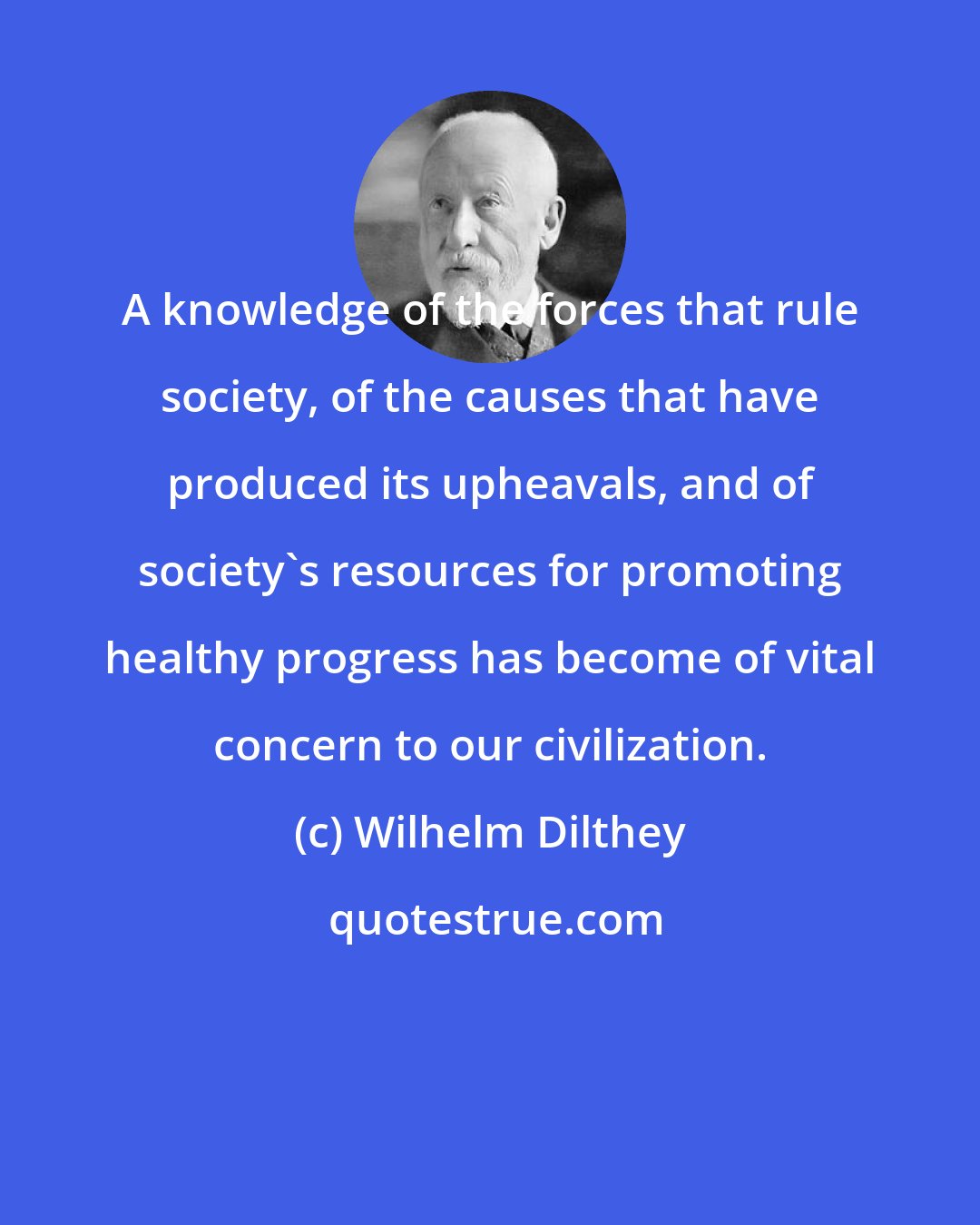 Wilhelm Dilthey: A knowledge of the forces that rule society, of the causes that have produced its upheavals, and of society's resources for promoting healthy progress has become of vital concern to our civilization.