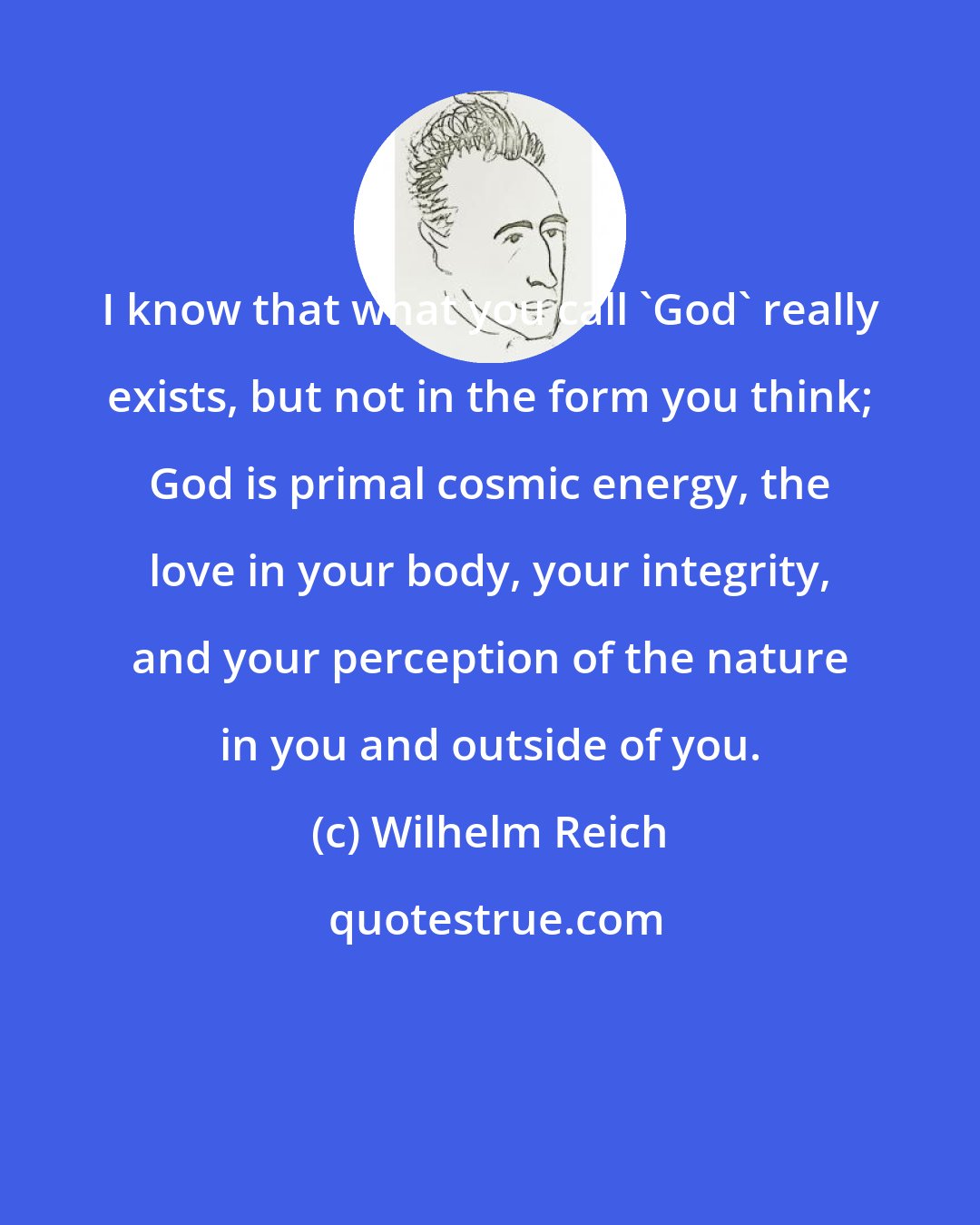 Wilhelm Reich: I know that what you call 'God' really exists, but not in the form you think; God is primal cosmic energy, the love in your body, your integrity, and your perception of the nature in you and outside of you.