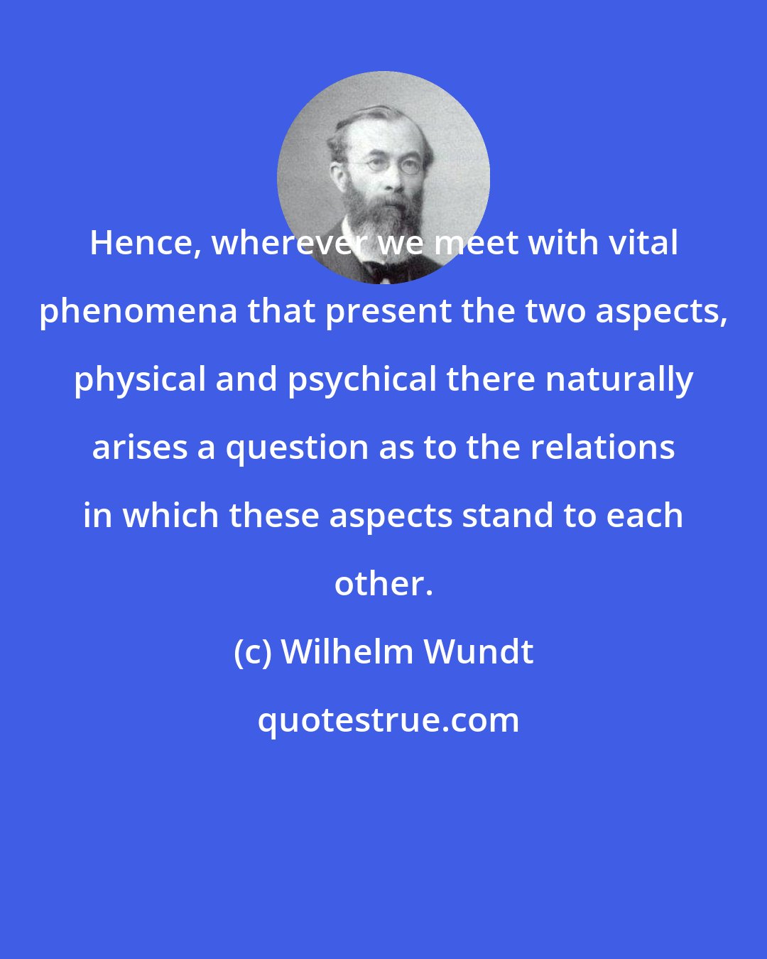 Wilhelm Wundt: Hence, wherever we meet with vital phenomena that present the two aspects, physical and psychical there naturally arises a question as to the relations in which these aspects stand to each other.