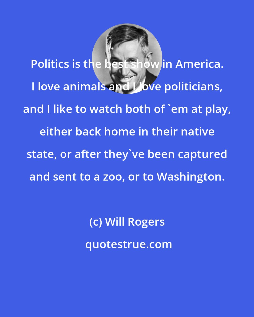 Will Rogers: Politics is the best show in America. I love animals and I love politicians, and I like to watch both of 'em at play, either back home in their native state, or after they've been captured and sent to a zoo, or to Washington.