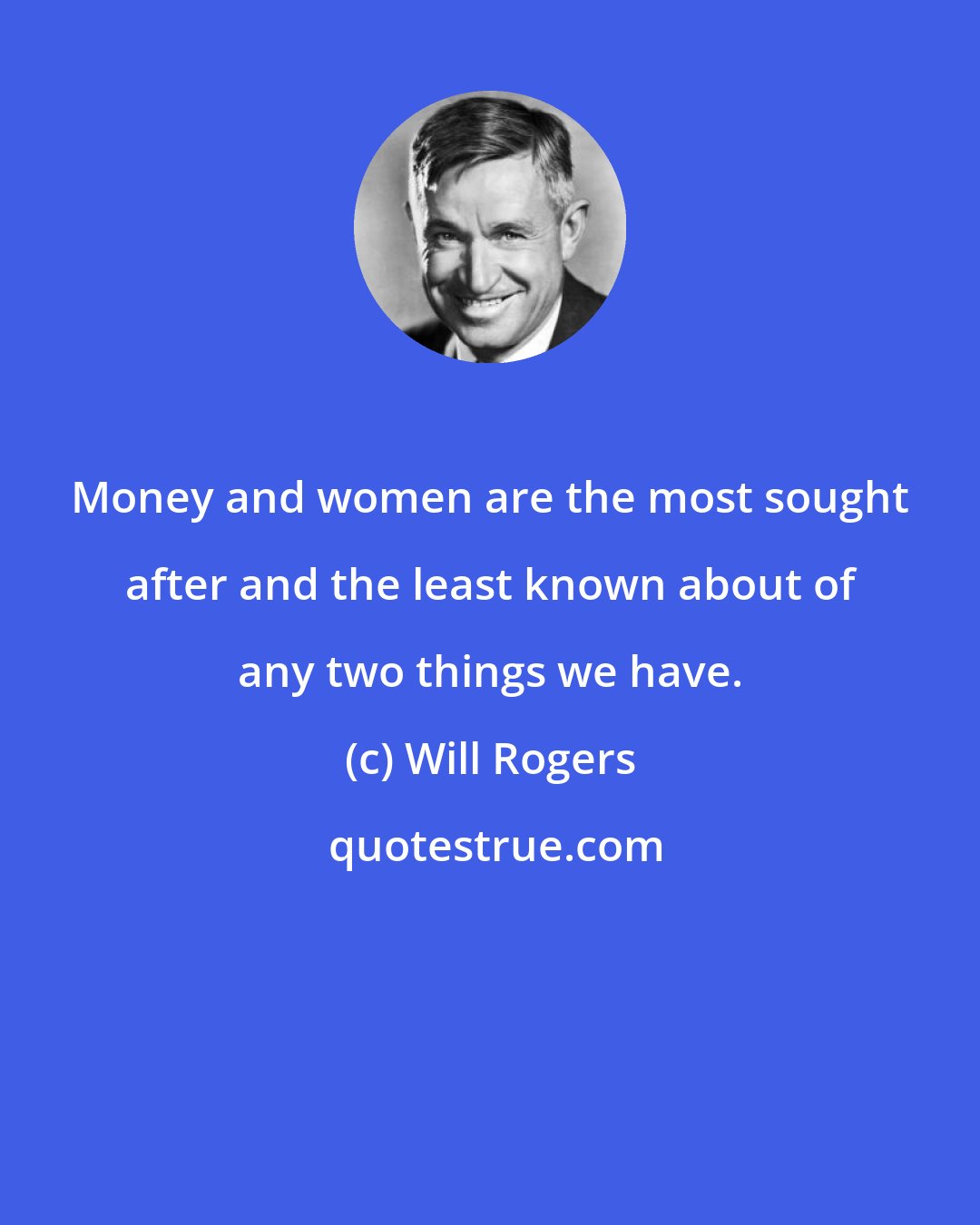 Will Rogers: Money and women are the most sought after and the least known about of any two things we have.