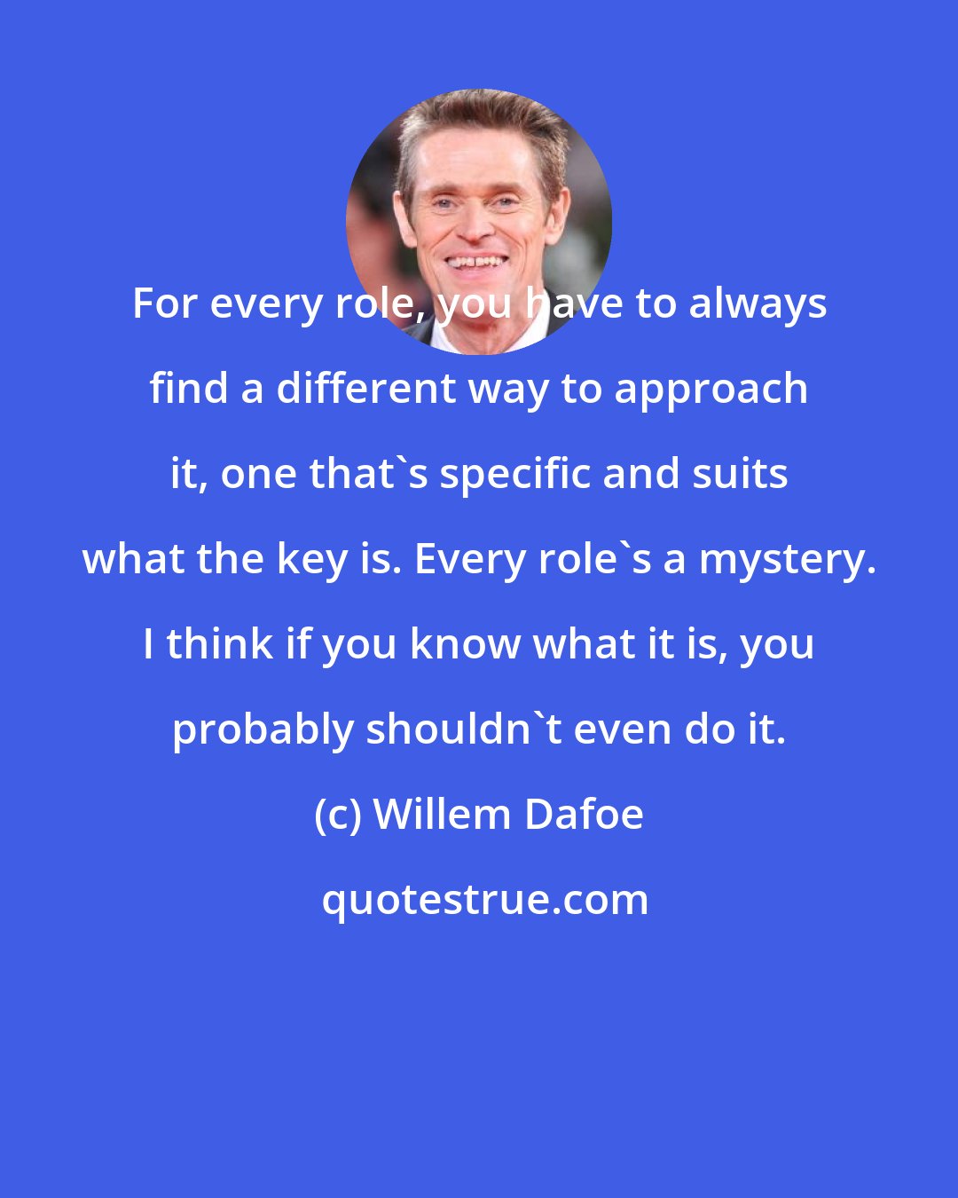 Willem Dafoe: For every role, you have to always find a different way to approach it, one that's specific and suits what the key is. Every role's a mystery. I think if you know what it is, you probably shouldn't even do it.