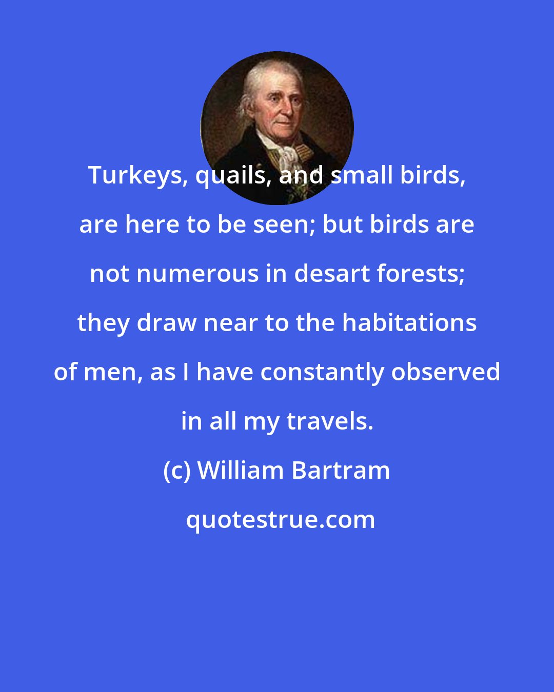 William Bartram: Turkeys, quails, and small birds, are here to be seen; but birds are not numerous in desart forests; they draw near to the habitations of men, as I have constantly observed in all my travels.