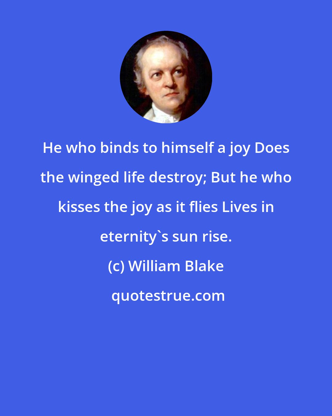 William Blake: He who binds to himself a joy Does the winged life destroy; But he who kisses the joy as it flies Lives in eternity's sun rise.