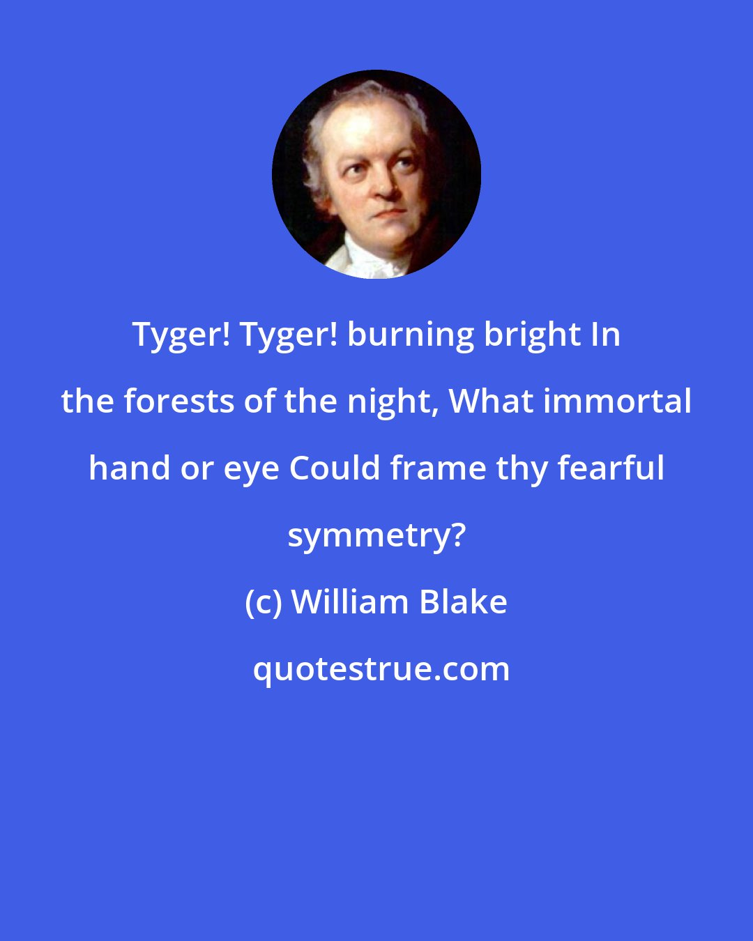 William Blake: Tyger! Tyger! burning bright In the forests of the night, What immortal hand or eye Could frame thy fearful symmetry?